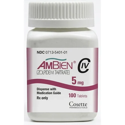 Ambien 5mg (zolpidem tartrate) bottle of 100 tablets by Cosette Pharmaceuticals Ambien 5mg (zolpidem tartrate) bottle of 100 tablets by Cosette Pharmaceuticals
